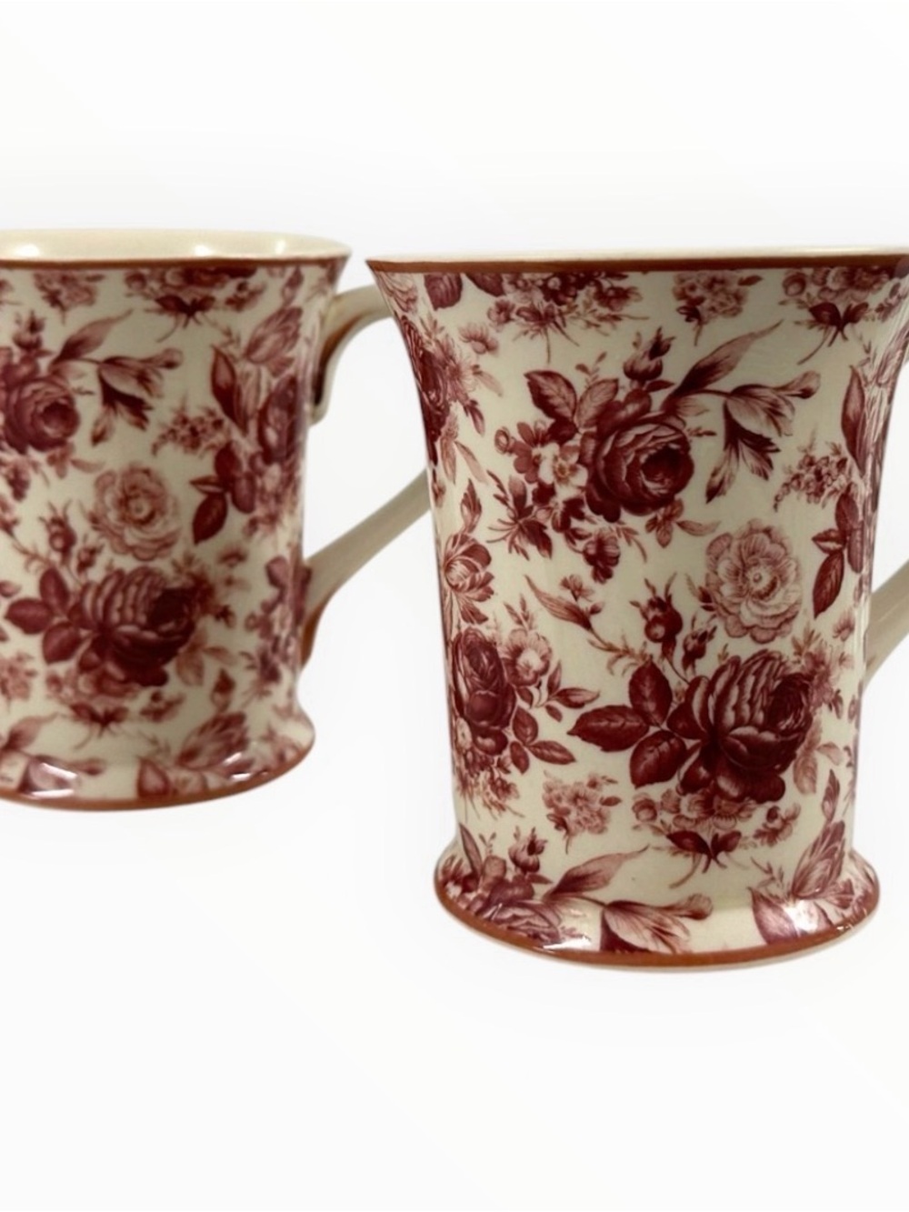 Harry & David Floral Toile Coffee Mugs Set of 2 Red Cream Ceramic China - Picture 5 of 11
